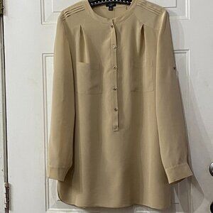 Ann Taylor Silk  Sz 14 (L) Blouse Tunic Popover Roll Up Long Sleeve Beige Pocket